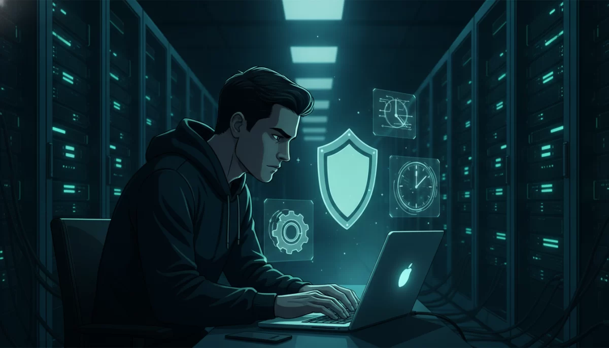 quanto custa criar um site profissional, Uma pessoa concentrada trabalhando em um laptop com elementos holográficos de manutenção de site, como um escudo e engrenagens, flutuando ao redor. Ao fundo, servidores embaçados.