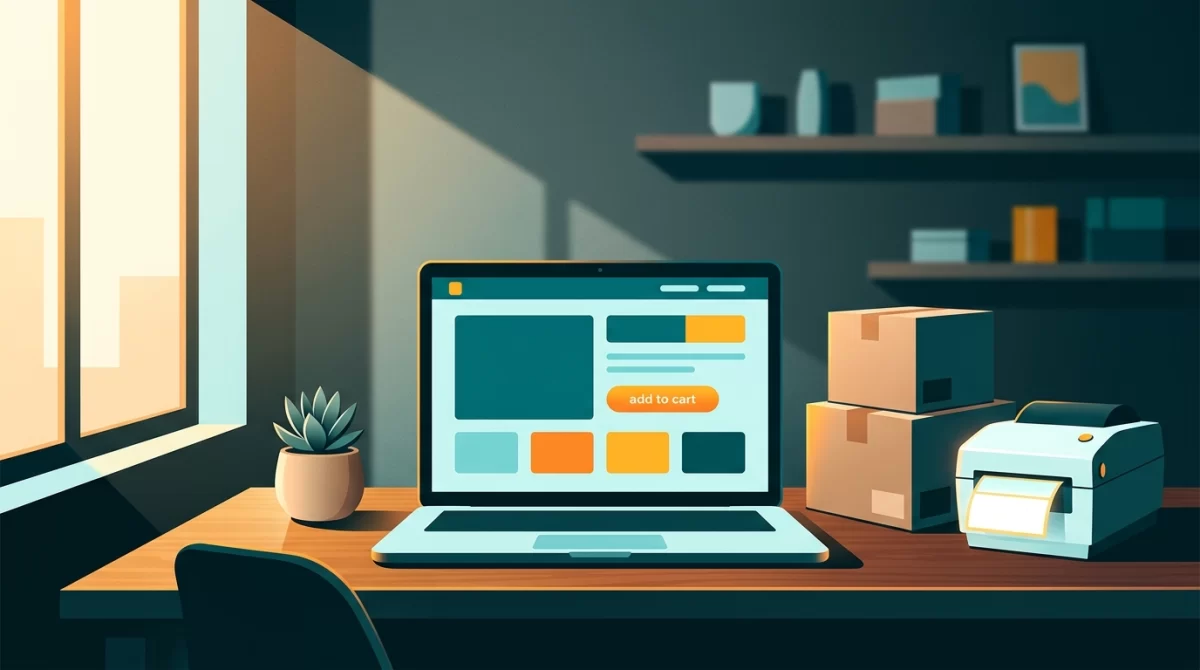 manutenção wordpress mensal, Um laptop aberto em uma mesa de escritório moderna, exibindo um site de e-commerce com blocos de cor. Ao lado, caixas de envio e uma impressora de etiquetas, sob a luz suave do sol da tarde.
