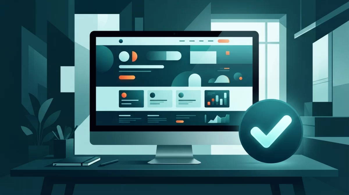 como colocar site em manutenção wordpress, Ilustração vetorial de um monitor de computador em modo escuro exibindo um site moderno e funcional, com um grande ícone de checkmark ao lado, simbolizando a manutenção bem-sucedida.