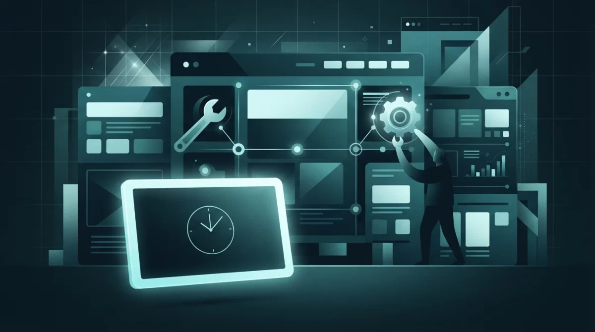 como colocar site em manutenção wordpress, Uma ilustração vetorial escura de uma interface de site em atualização, com ferramentas digitais e uma tela frontal minimalista indicando manutenção temporária.