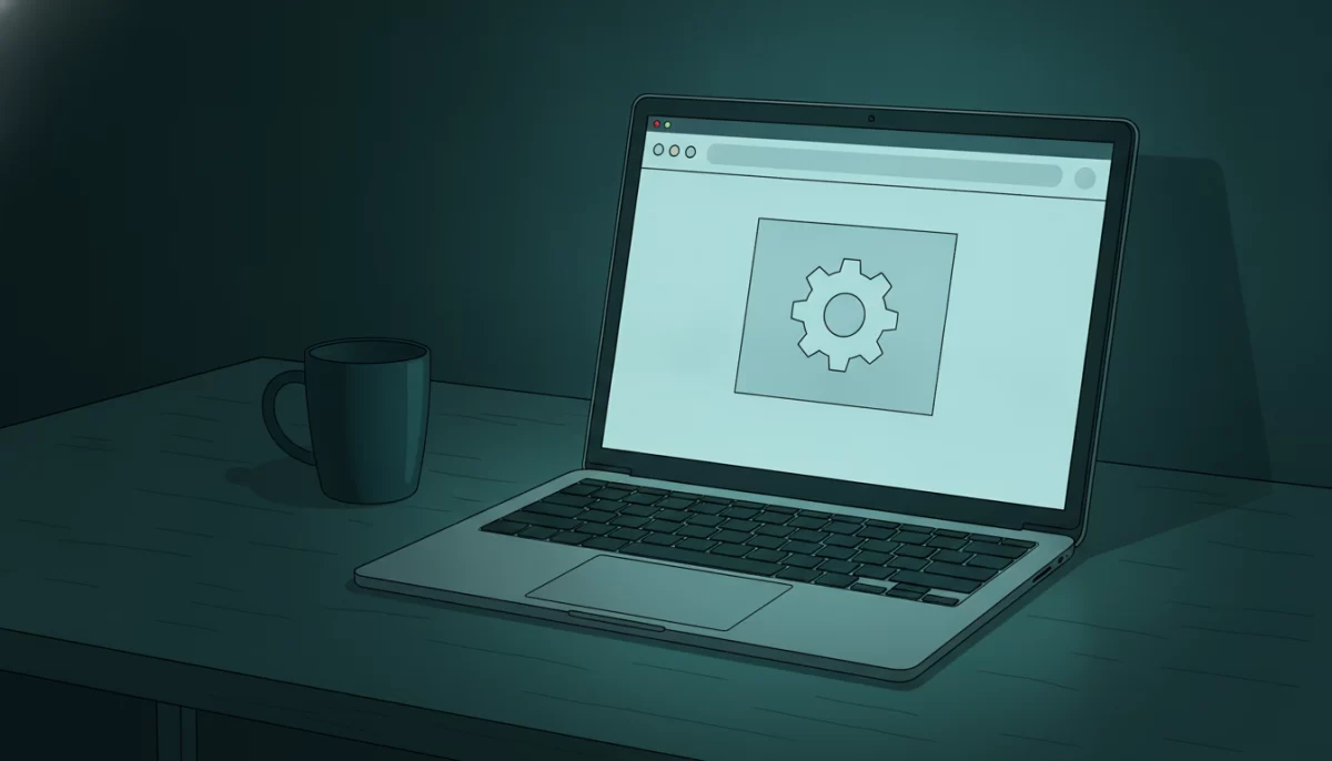 como ativar modo manutenção wordpress, Uma visão de perto de um laptop aberto em uma mesa de madeira, mostrando uma tela com um ícone de engrenagem centralizado sobre um fundo azul claro, indicando modo de manutenção.