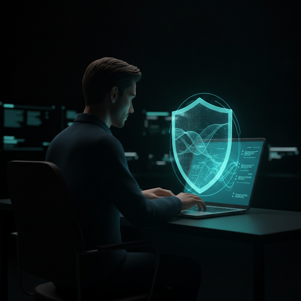 Um profissional de TI concentrado trabalhando em um laptop, com um escudo holográfico protegendo a tela, em um ambiente de controle digital escuro.