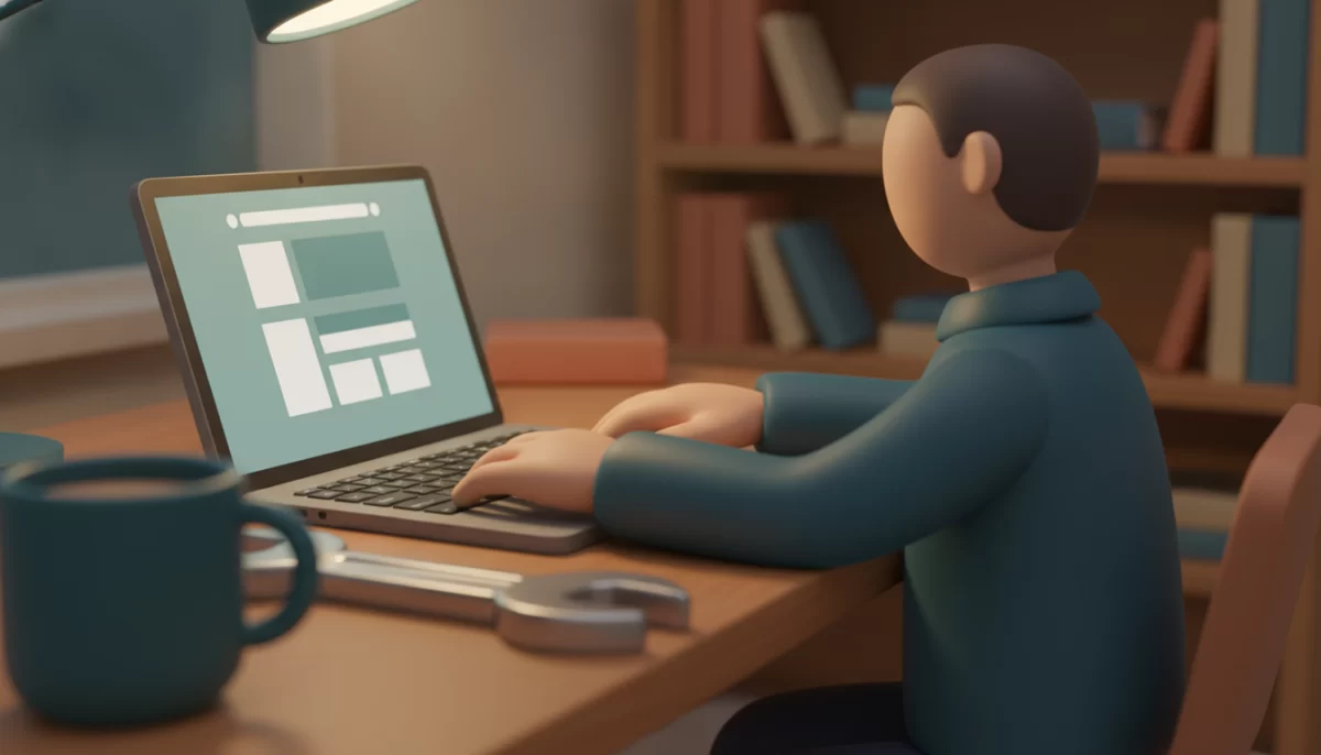 Saiba quanto custa a manutenção ideal para seu site, Uma pessoa em uma mesa de trabalho de madeira clara, com um laptop exibindo um layout de site simples em blocos. Ao lado do laptop, uma chave de boca grande e polida simboliza a manutenção. A cena é banhada por uma luz quente de luminária de mesa, criando um ambiente aconchegante.