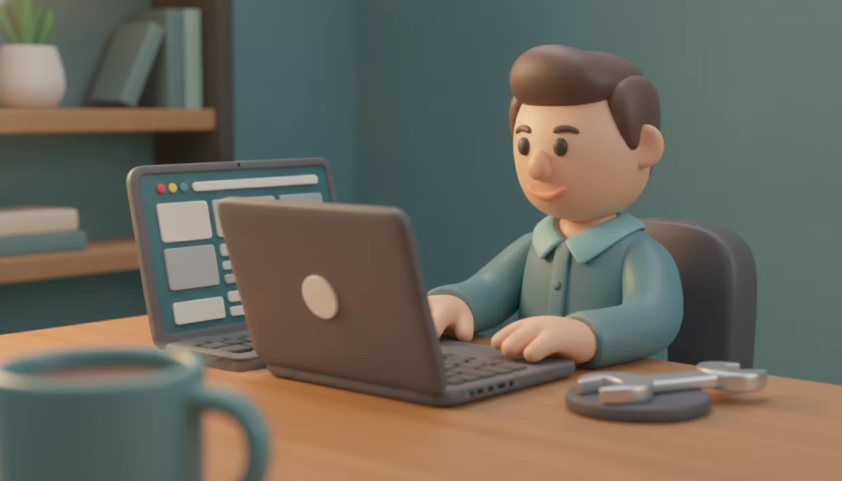 Saiba quanto custa a manutenção ideal para seu site, Uma pessoa em uma mesa de trabalho com um laptop exibindo um layout de site e uma chave de boca, simbolizando a manutenção do site.