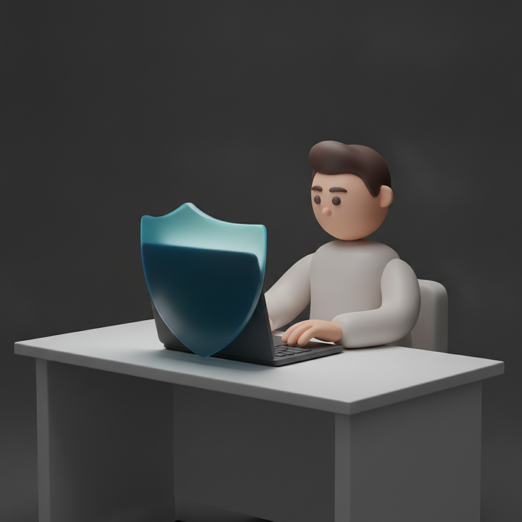 Um desenvolvedor focado trabalhando em um laptop, com um escudo protetor azul-esverdeado envolvendo a tela, simbolizando a manutenção e segurança do site.