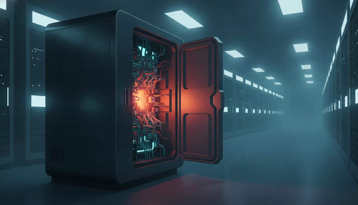 quanto custa a manutenção mensal de um site, Um cofre de dados futurista com um painel aberto, revelando uma luz pulsante laranja e vermelha, em um ambiente de sala de servidores com luzes azul-esverdeadas.