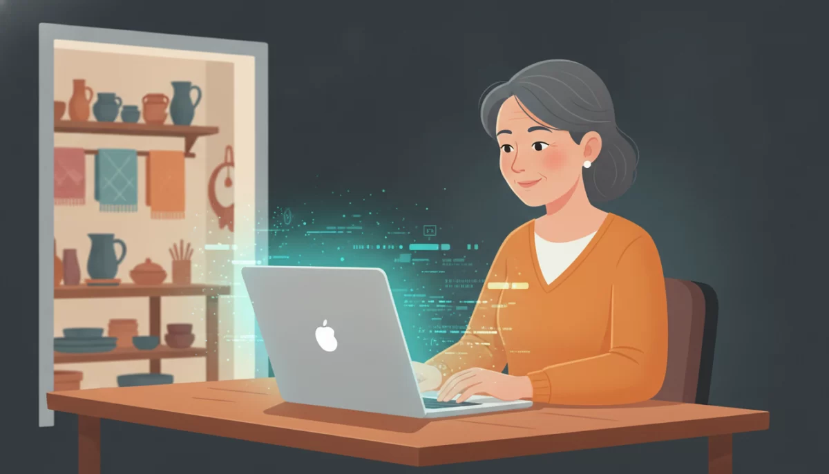 quanto custa a manutenção mensal de um site, Dona Maria trabalhando em seu notebook com uma aura digital protetora, representando a segurança e manutenção de seu site de artesanato.