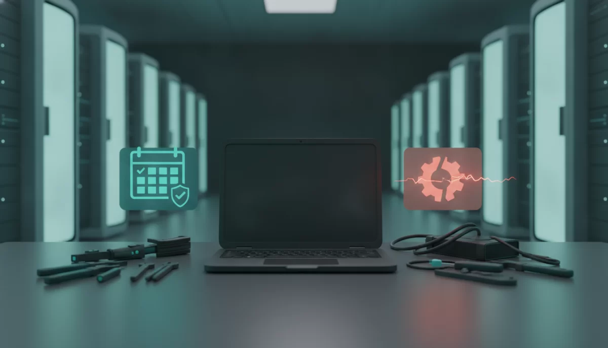 manutenção mensal de site, Uma cena que contrasta manutenção preventiva e corretiva de um site, mostrando um laptop e ferramentas em um datacenter. Um lado tem projeções holográficas de um calendário e escudo com luzes azuis, e ferramentas organizadas. O outro lado tem projeções de engrenagem quebrada com luzes avermelhadas, cabos emaranhados e ferramentas espalhadas.