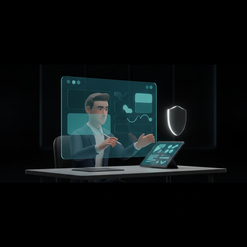 manutenção mensal de site, Uma pessoa revisando um contrato digital transparente ao lado de uma tela que exibe uma interface de site simplificada, com um escudo de proteção flutuando, simbolizando segurança e planejamento financeiro.