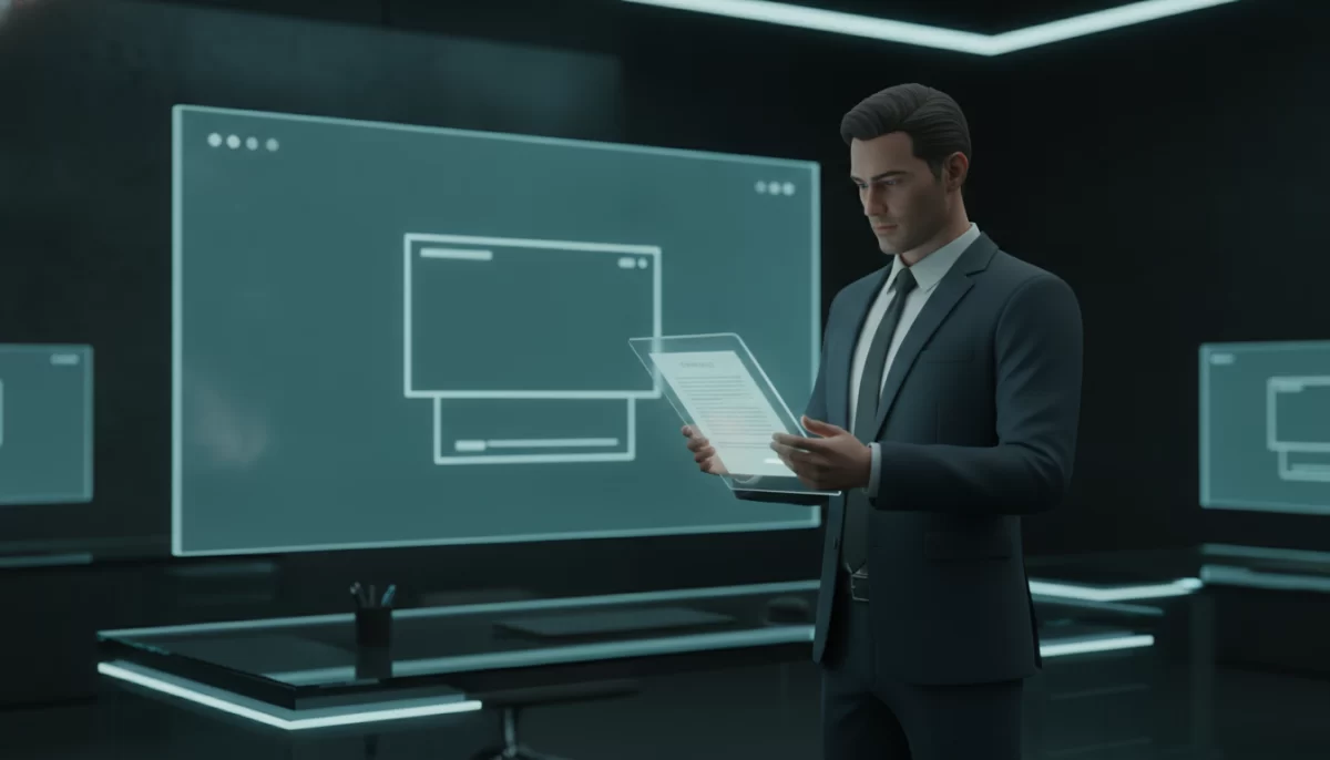manutenção mensal de site, Uma pessoa analisa um contrato digital brilhante, com um monitor ao fundo exibindo o esboço de um site, simbolizando planejamento e transparência na manutenção.