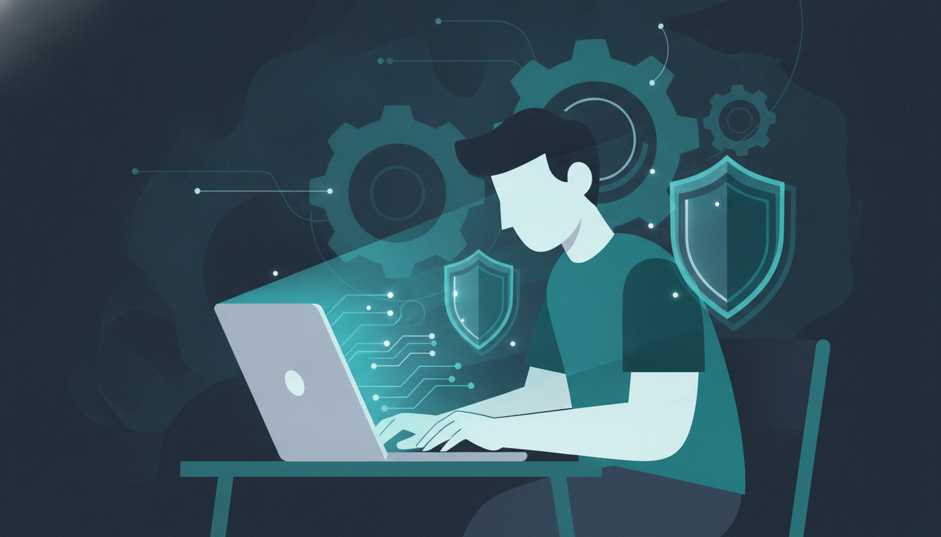 manutenção WordPress, Uma pessoa concentrada trabalhando em um laptop, com escudos de proteção brilhantes e engrenagens luminosas ao redor, simbolizando a manutenção e segurança de um site.