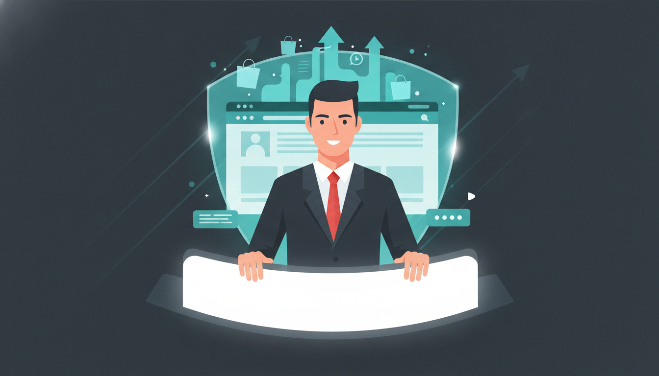 manutenção WordPress, Uma pessoa confiante interage com um painel de controle digital brilhante, enquanto um escudo protetor translúcido envolve a representação estilizada de um site de e-commerce com fluxos de produtos e vendas, em um fundo escuro.