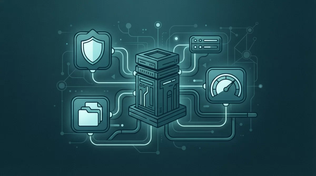 manutenção de site preço, Ilustração de linha editorial mostrando a infraestrutura de backend de um site, com módulos estilizados para segurança, backup e otimização de performance em tons de azul e verde-água sobre um fundo escuro.