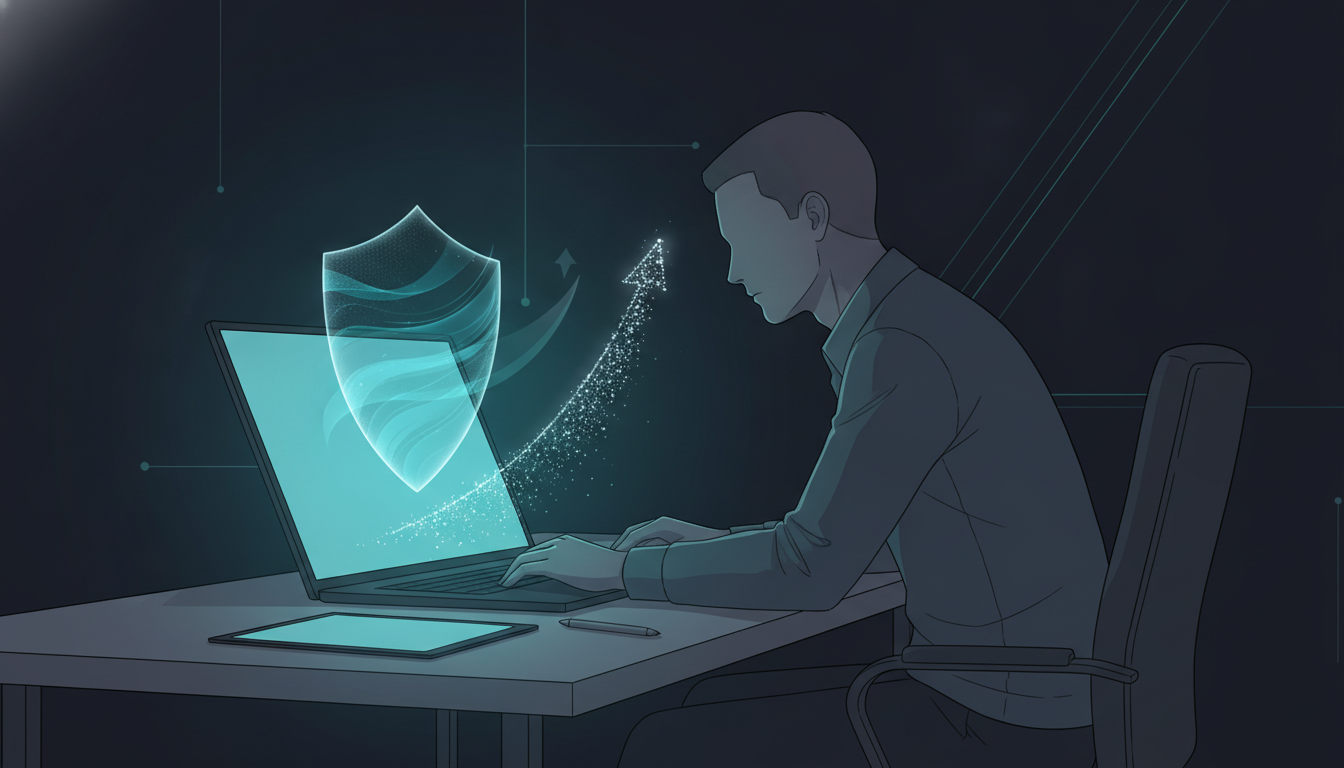 quanto custa a manutenção mensal de um site, Uma pessoa concentrada trabalhando em um laptop, com um escudo de proteção e um gráfico de crescimento emergindo da tela, simbolizando segurança e retorno de investimento na manutenção de sites.