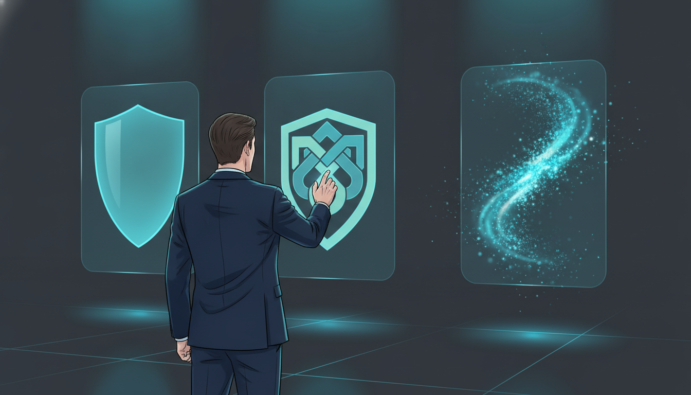 quanto custa a manutenção mensal de um site, Uma pessoa em um ambiente tecnológico moderno compara planos de manutenção de sites representados por escudos holográficos brilhantes de diferentes níveis de complexidade.