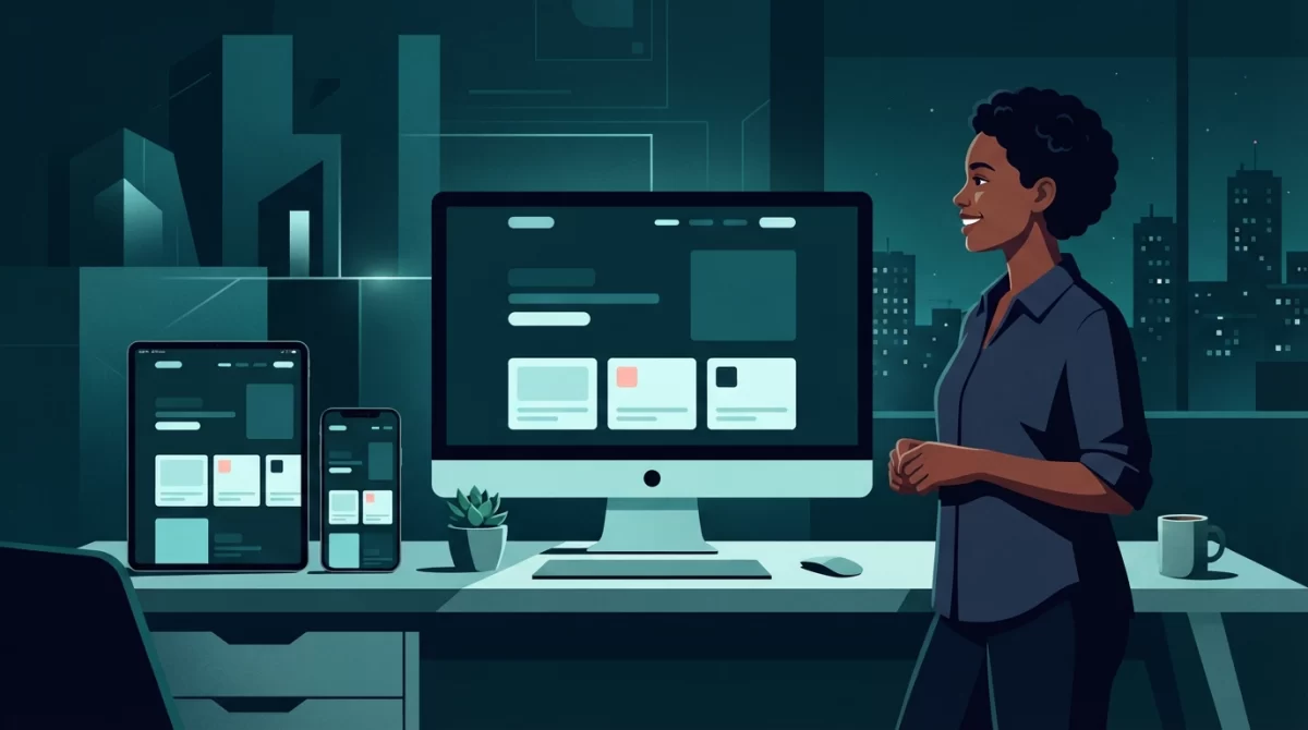 site fora do ar, Ilustração vetorial de uma pessoa em uma estação de trabalho escura, observando várias telas que exibem um site funcionando corretamente, com alívio.