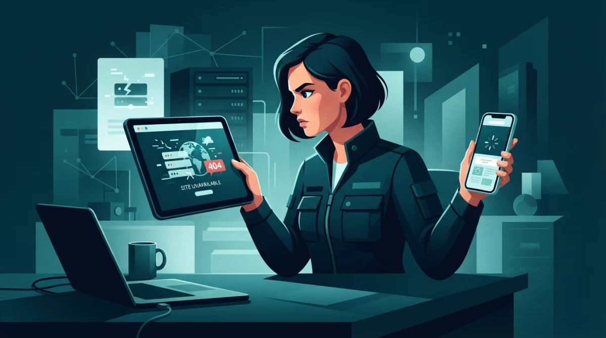 site fora do ar, Ilustração vetorial de um profissional de TI focado, olhando para um tablet com uma mensagem de erro, enquanto segura um smartphone, ambos exibindo elementos que sugerem um site fora do ar, em um ambiente de modo escuro.