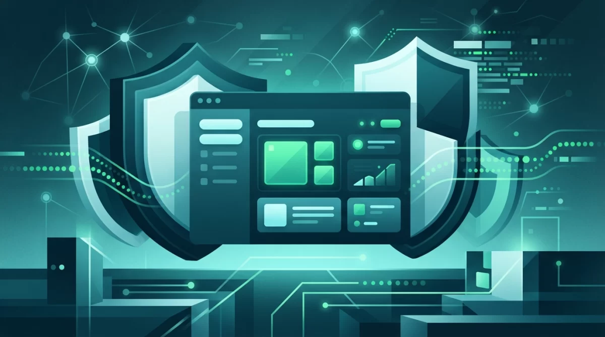 fora do ar site, Uma ilustração vetorial editorial de um painel de controle digital de site, com todos os indicadores em verde, simbolizando um site online, seguro e funcionando perfeitamente, em tons de azul-petróleo e ciano.