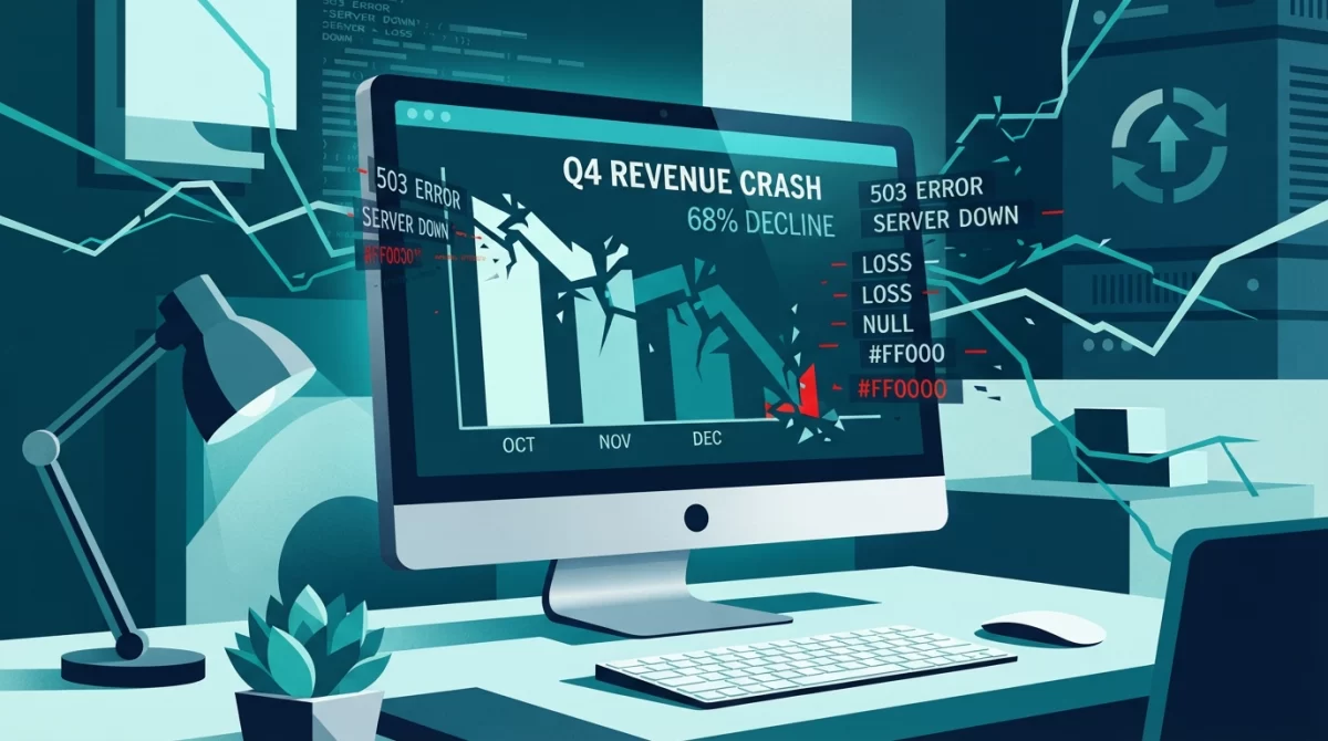 fora do ar site, Ilustração vetorial de uma tela de computador com um gráfico de barras quebrado, simbolizando perda financeira, com códigos de erro abstratos e um ícone de backup ao fundo.
