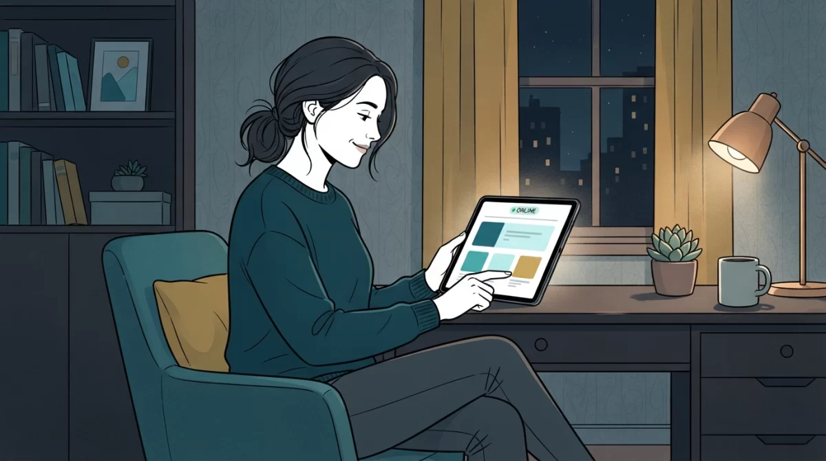 sites fora do ar, Ilustração editorial de uma empreendedora, Maria, sorrindo e olhando para seu tablet que exibe seu site de e-commerce online e funcional, em um ambiente noturno de escritório doméstico.