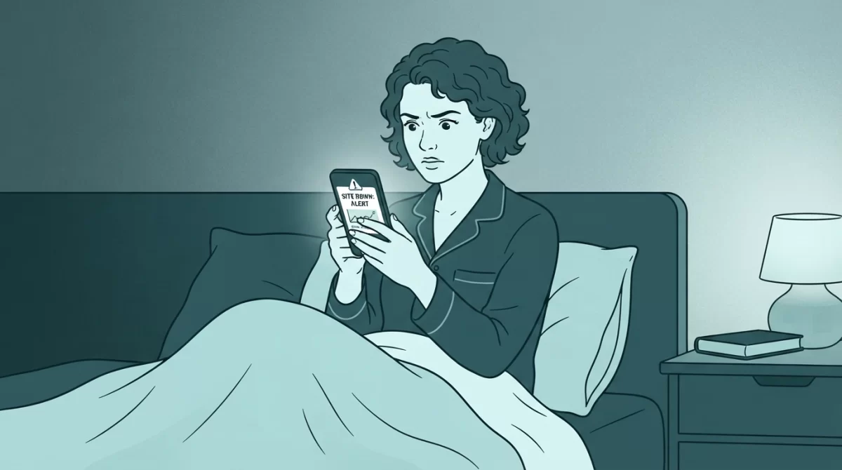 sites fora do ar, Ilustração editorial de linha de uma empreendedora acordando de madrugada para verificar um alerta de site fora do ar em seu smartphone.