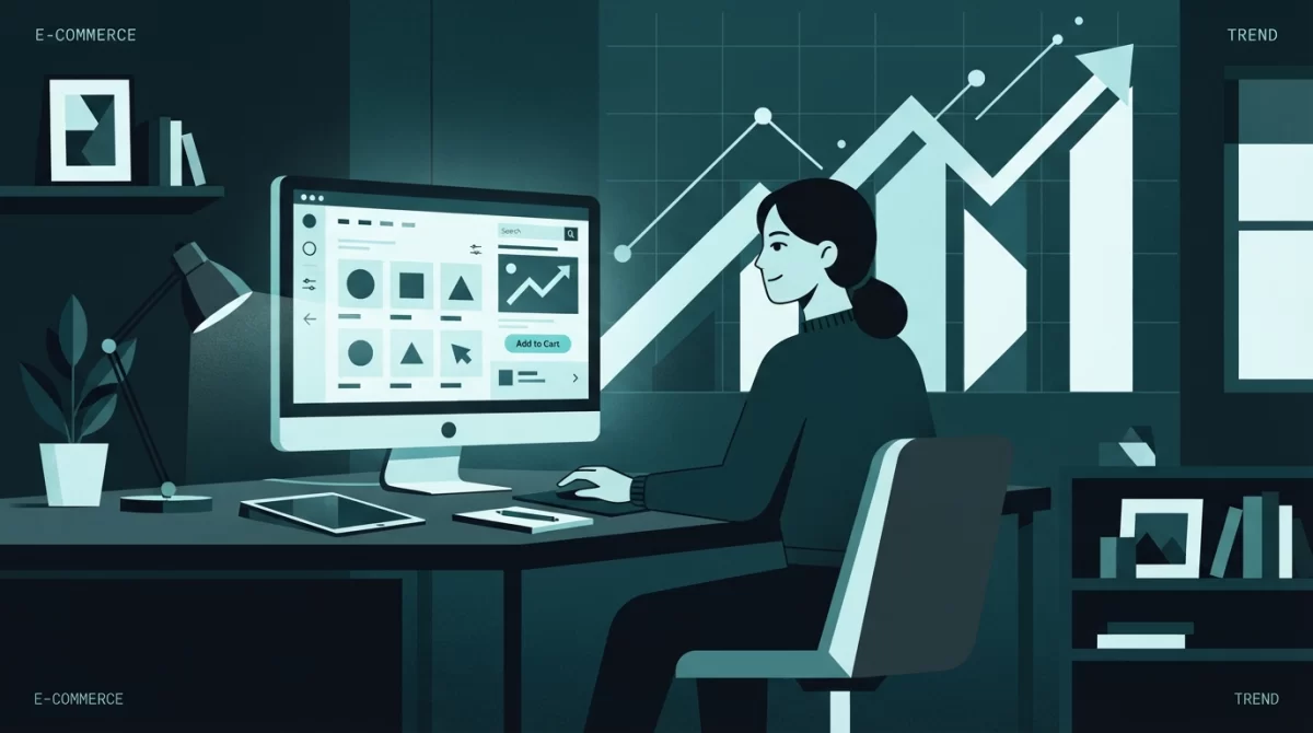 sites fora do ar hoje, Ilustração geométrica de uma pessoa olhando para um computador com um site de e-commerce funcionando e um gráfico de vendas subindo.