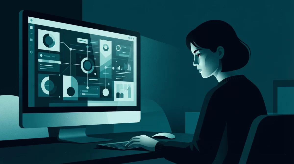 sites fora do ar hoje, Ilustração geométrica editorial de uma pessoa focada em um monitor escuro que mostra um painel de monitoramento de servidor em tons de azul e ciano, simbolizando a resolução de um problema de site fora do ar.