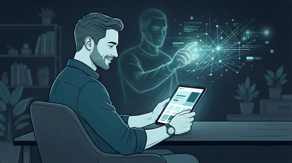 manutenção de sites, Ilustração editorial de um empresário aliviado olhando seu site funcionando em um tablet, com uma figura sutil de um técnico de manutenção digital trabalhando ao fundo, em tons de azul escuro e ciano claro.