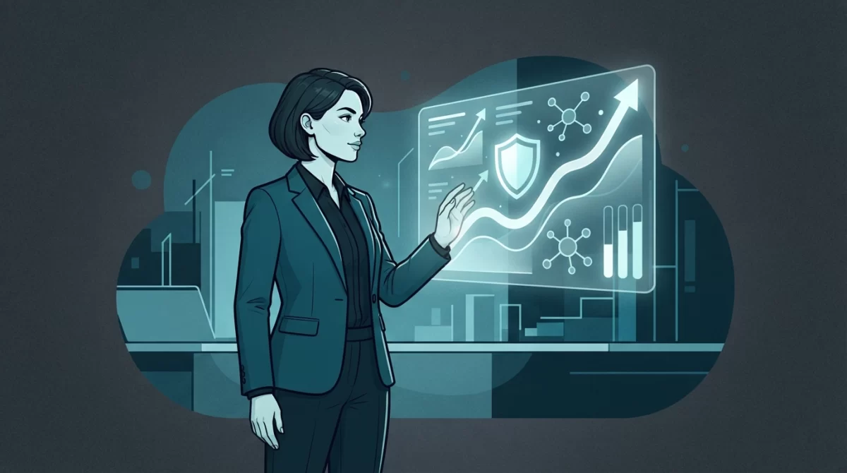 manutenção de um site, Ilustração editorial de um empresário observando um painel digital abstrato que representa um site seguro e em crescimento.
