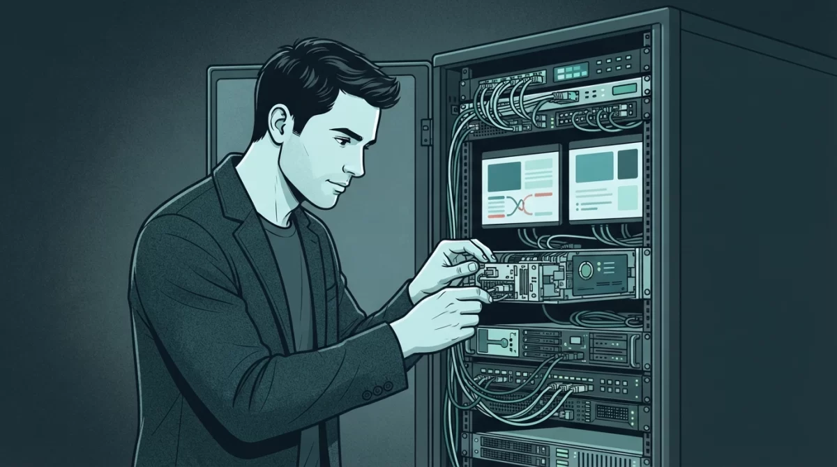 manutenção de um site, Ilustração editorial de um desenvolvedor inspecionando detalhadamente os componentes internos de um servidor, representando a manutenção de um site.