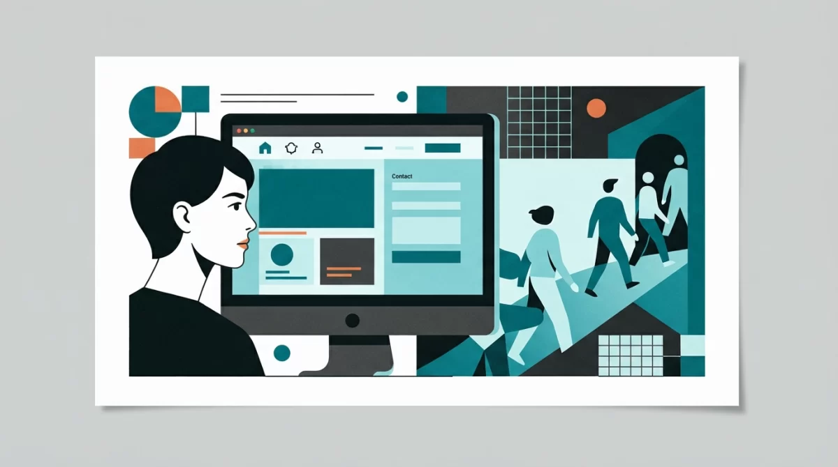manutenção de site, Ilustração geométrica de uma pessoa olhando para um monitor de computador com um site funcional, enquanto um portal digital ao lado mostra um fluxo de clientes satisfeitos, simbolizando a retenção de público por meio da manutenção do site.
