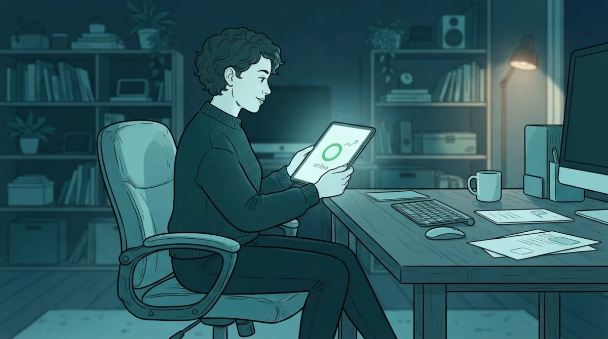 site fora, Uma ilustração de linha editorial em estilo noturno mostra um empreendedor olhando para um tablet que exibe um indicador abstrato verde de 'online', simbolizando monitoramento de site bem-sucedido.