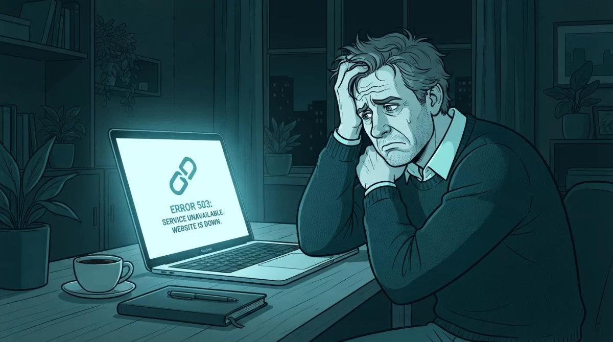 site fora, Ilustração editorial de linha de uma pessoa frustrada olhando para um laptop com uma tela de erro em tons de azul e verde, simbolizando um site fora do ar.