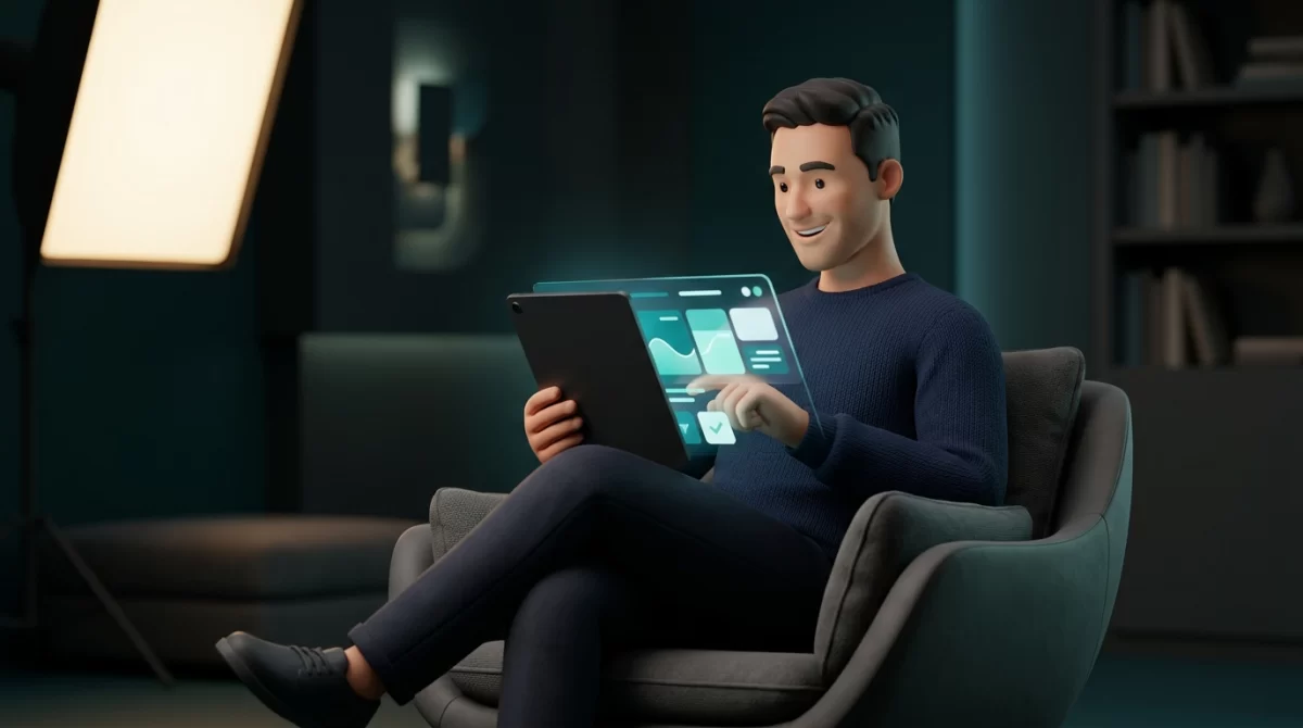 manutenção site, Ilustração 3D em modo escuro de um homem sorrindo ao ver o funcionamento perfeito do seu site em um tablet, transmitindo segurança e credibilidade.