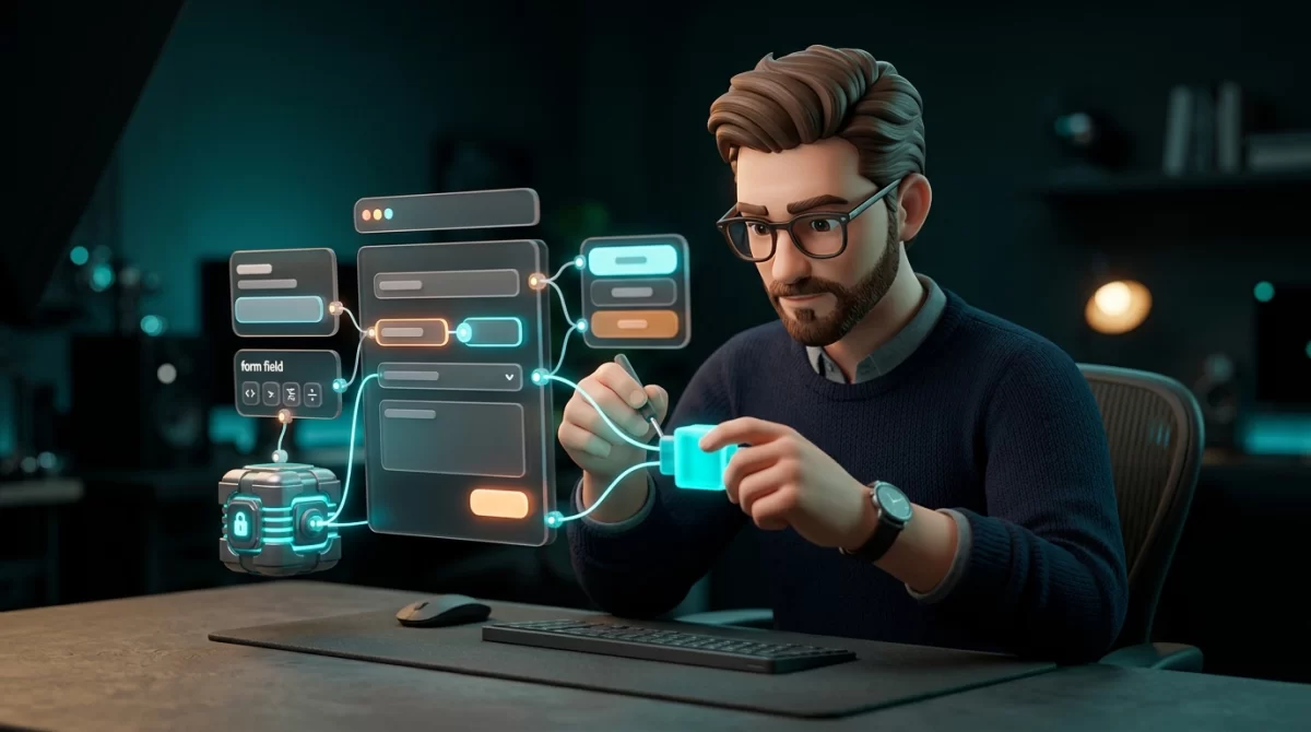 manutenção site, Ilustração 3D em estilo editorial de um especialista realizando a manutenção técnica em um formulário digital sob iluminação azul-escuro e ciano.