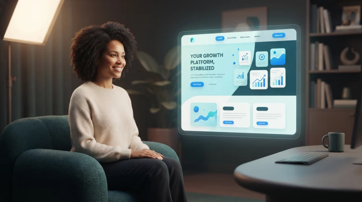 site esta fora do ar, Ilustração 3D suave de uma mulher sorrindo, observando uma projeção holográfica de um site estável e funcional em tons de azul e verde-azulado, em um ambiente escuro e acolhedor.