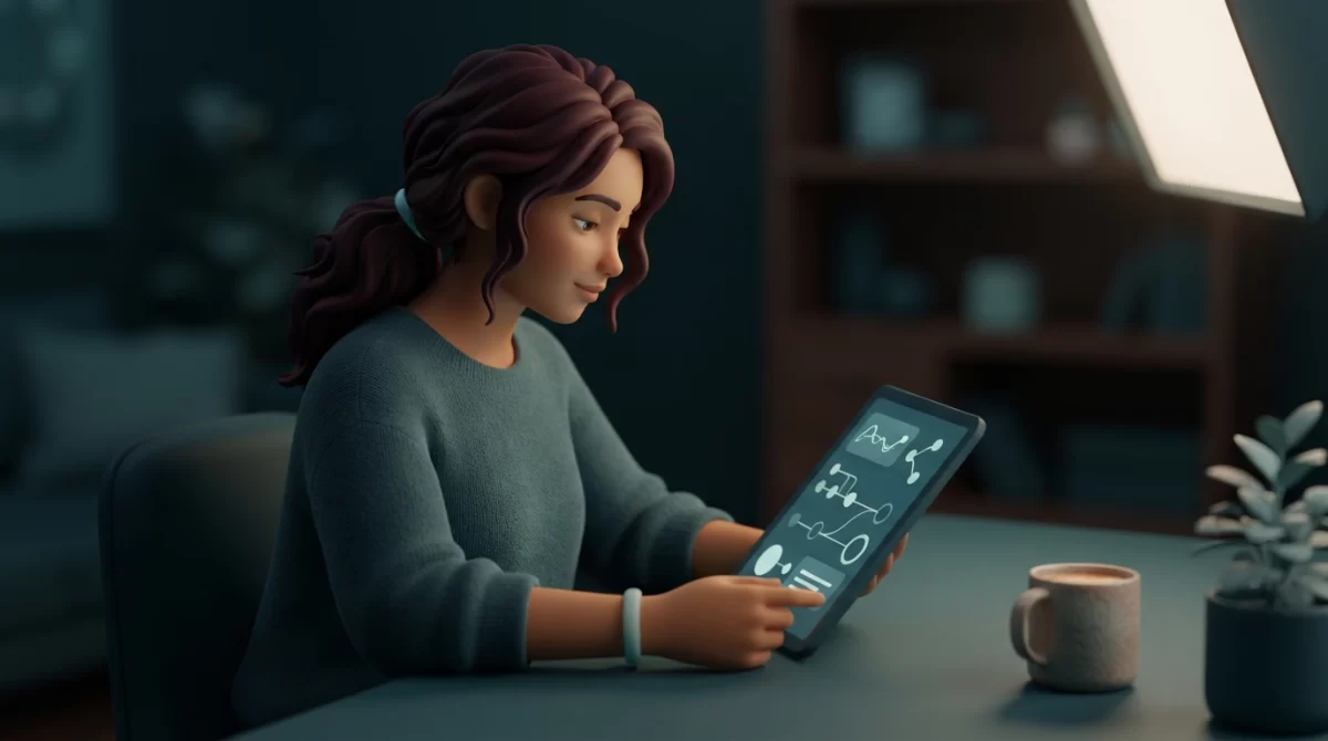 site esta fora do ar, Uma pessoa em um ambiente escuro, com o rosto iluminado por um tablet que exibe gráficos abstratos em ciano, representando o diagnóstico de um site fora do ar.