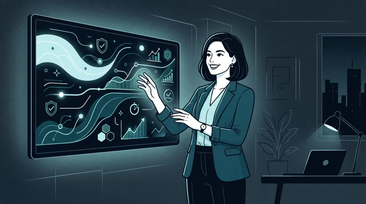 site manutencao, Ilustração editorial de linha de uma mulher sorridente e confiante interagindo com um painel digital abstrato em tons de azul, representando um site bem mantido.
