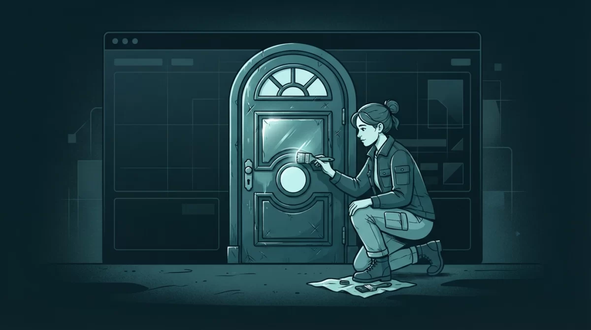 site manutencao, Ilustração editorial de uma pessoa aplicando uma camada protetora em uma porta de loja virtual levemente desgastada, com cores azul-petróleo e ciano em modo escuro.
