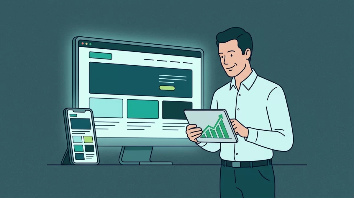 empresa que cria site, Ilustração em estilo line-art de um empresário sorridente observando o novo site da sua empresa funcionando perfeitamente em telas de computador e celular.