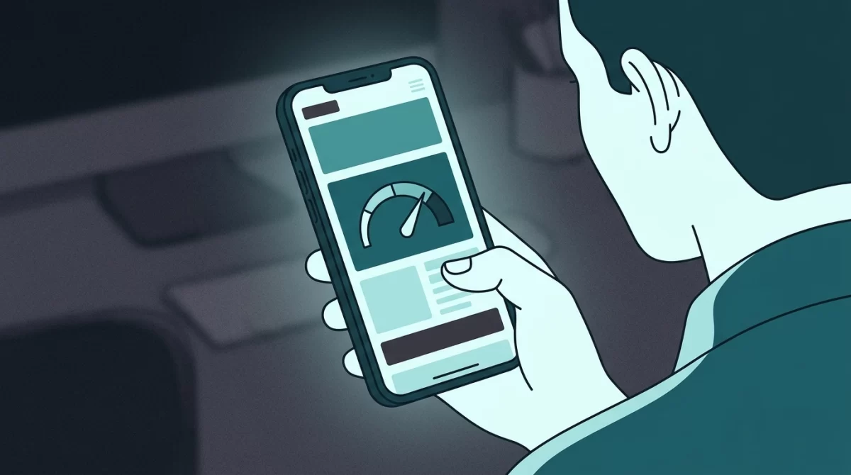 empresa que cria site, Ilustração estilo line-art de um empresário segurando um smartphone que exibe a estrutura e velocidade de um site em tons de teal e ciano sobre fundo escuro.