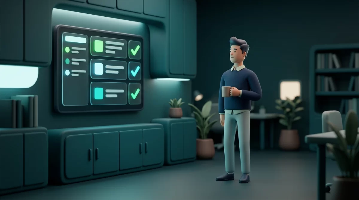 automação de processos, Ilustração 3D suave de um profissional observando um painel digital organizado com prazos concluídos em um ambiente moderno com tons de azul-petróleo e ciano.
