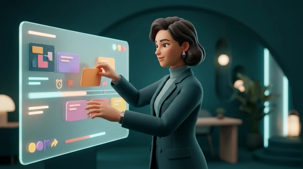 automação de processos, Ilustração 3D em estilo editorial de um profissional organizando alertas e prazos em um painel digital centralizado com tons de azul-petróleo e ciano.