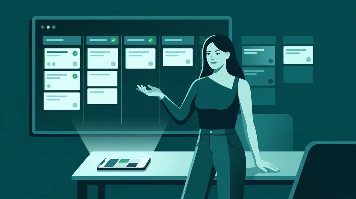 organizar processos empresa, Ilustração vetorial em estilo editorial mostrando uma profissional satisfeita diante de um painel digital com tarefas perfeitamente organizadas e concluídas em um ambiente escuro em tons de azul-petróleo.