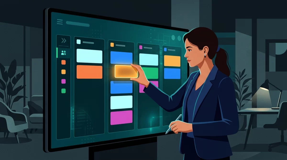 organizar processos empresa, Ilustração vetorial de uma profissional organizando blocos coloridos em uma tela digital de fluxo de trabalho em um ambiente escuro.