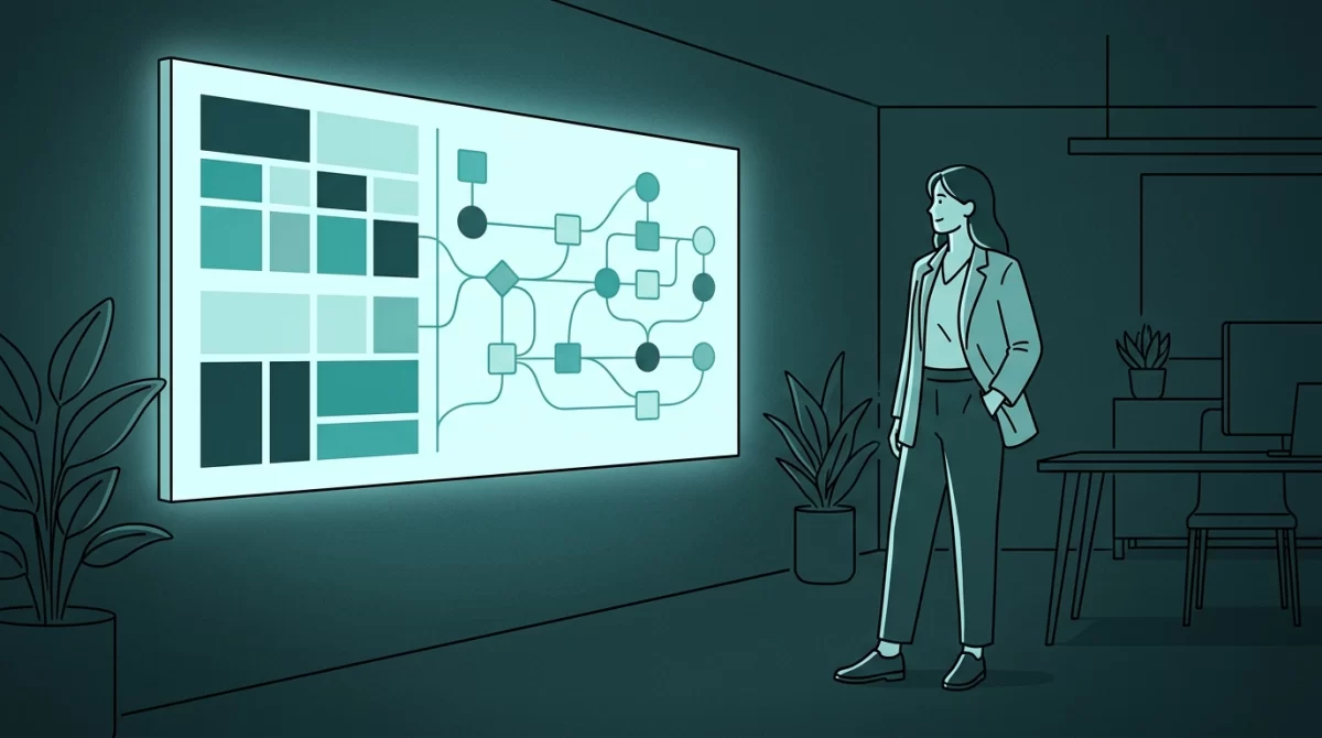 como automatizar tarefas com ia, Ilustração em estilo editorial de um profissional observando um painel digital organizado em tons de azul e verde-petróleo, simbolizando a automação de processos concluída com sucesso.