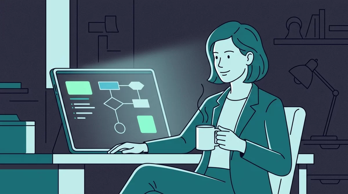 como automatizar tarefas com ia, Ilustração em estilo line-art editorial mostrando um profissional relaxado diante de um tablet que exibe um fluxo de trabalho digital organizado em tons de azul e teal.