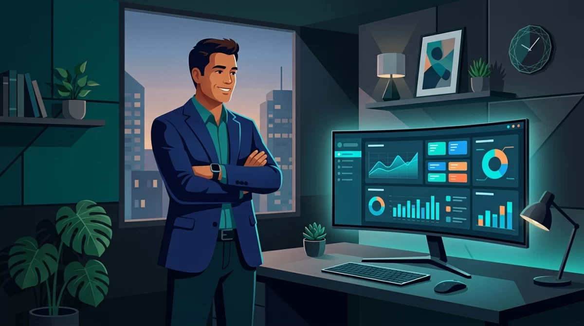 erp's o que é, Ilustração vetorial em modo escuro de um gestor satisfeito observando um painel digital unificado e organizado em um escritório moderno.