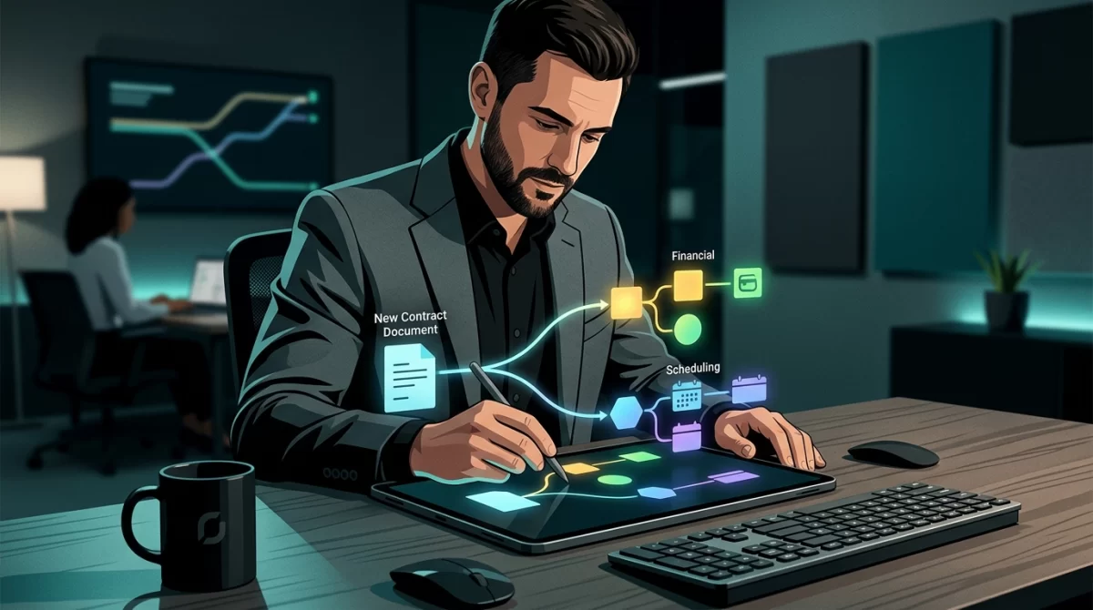 erp's o que é, Ilustração vetorial em estilo editorial mostrando um gestor interagindo com um gráfico de fluxo automatizado em um tablet sobre fundo azul escuro.